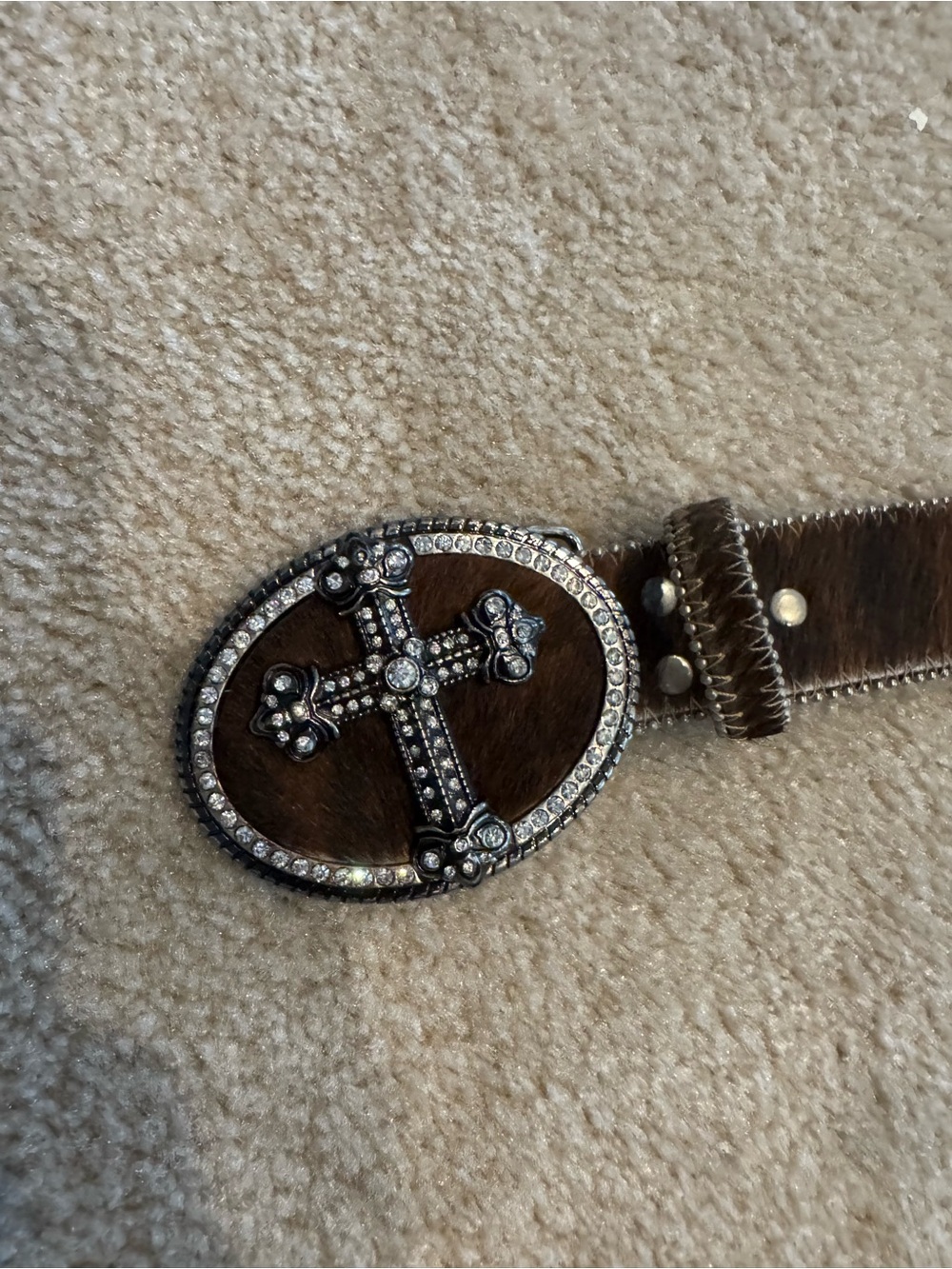 Brown Hair-On Leather Western Belt with Rhinestone Cross Buckle
